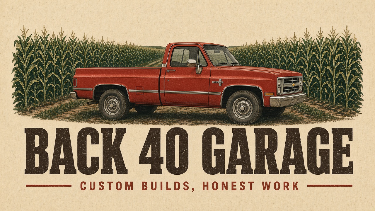 Back 40 Garage, a red square-body Chevy in a cornfield